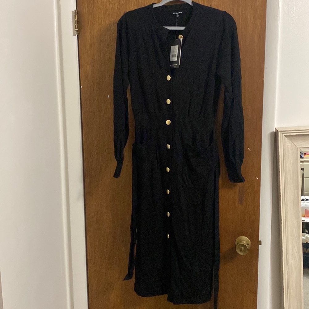 Black Long Knit Button Up Dress with Detachable Belt  New With Tags